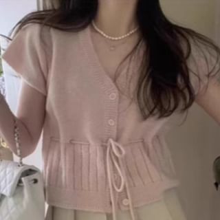 Short Sleeve V-Neck Drawstring Cardigan