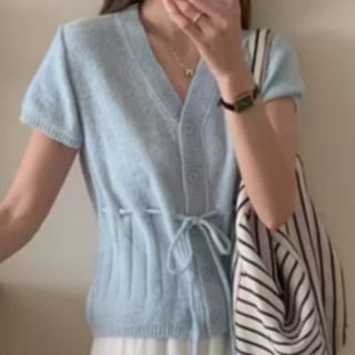 Short Sleeve V-Neck Drawstring Cardigan
