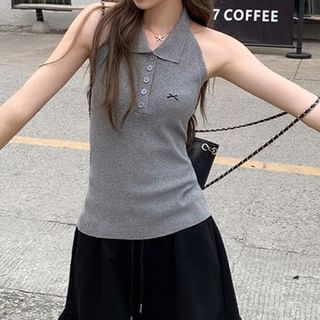 Embroidered Bow Halter Collared Buttoned Top