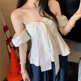 Off-Shoulder Striped Tie-Front Short-Sleeved Blouse