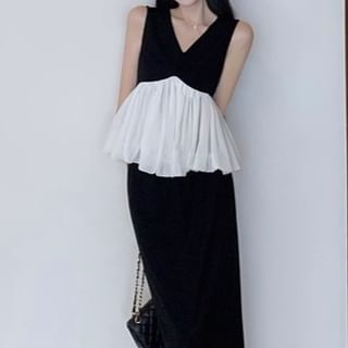 Two-Tone V-Neck Peplum Top and Maxi Pencil Skirt
