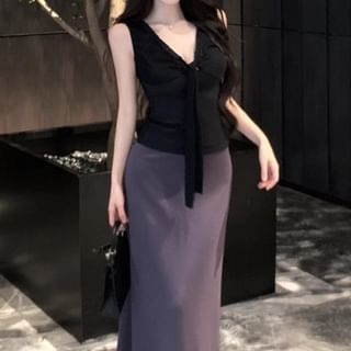 V-Neck Sleeveless Tie-Up Top and High-Rise Maxi Pencil Skirt