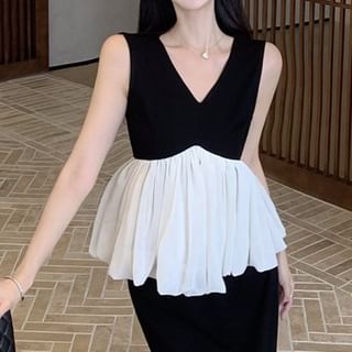 Two-Tone V-Neck Peplum Top and Maxi Pencil Skirt