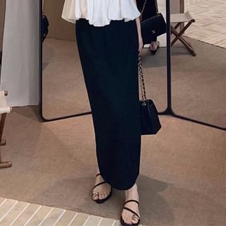 Two-Tone V-Neck Peplum Top and Maxi Pencil Skirt