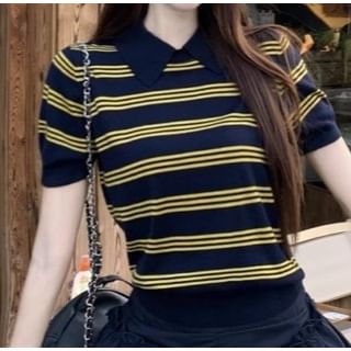 Striped Knit Collared Short Sleeve Top and Ruffle A-Line Mini Skirt