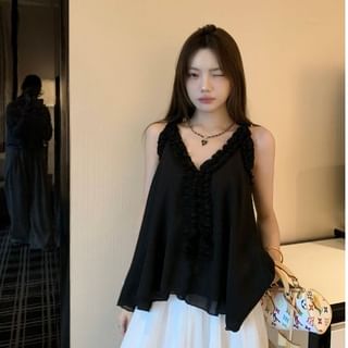 Flowy V-Neck Frill-Trimmed Plain Tank