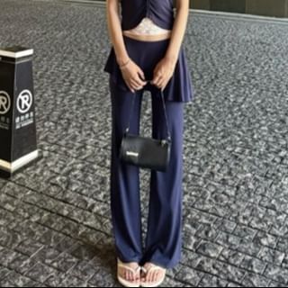 Mock Two-Piece Lace-Paneled Halter Tee & Bootcut Overlay Pants