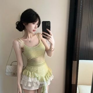 Scoop Neck Lace Camisole Top and Mini A-Line Skirt