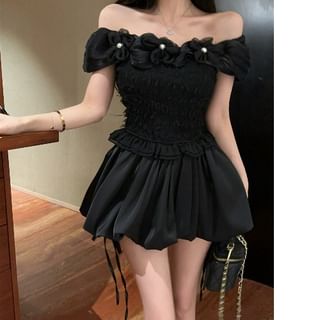 Off-Shoulder Blouse with Floral Accent and Ruffle Trim Plus High Waist Bow Hem Skort and Tiered Mini Skirt Set