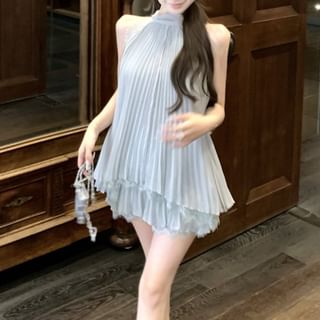 Halter Pleated Lace Panel Tank Top & Mini A-Line Skirt