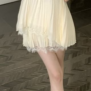 Halter Pleated Lace Panel Tank Top & Mini A-Line Skirt