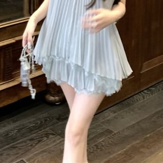 Halter Pleated Lace Panel Tank Top & Mini A-Line Skirt