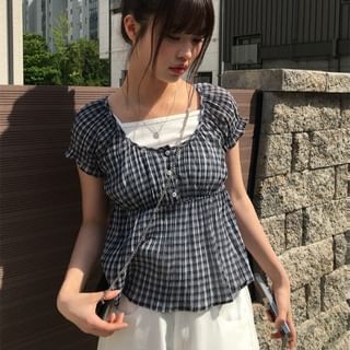 Plaid Peplum Short-Sleeved Blouse
