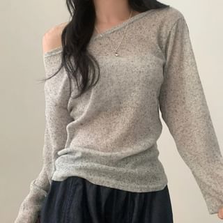 Off-Shoulder Asymmetric-Neck Long-Sleeved Knit Top