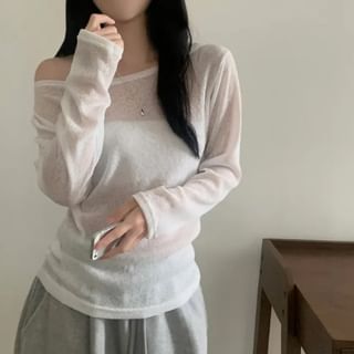 Off-Shoulder Asymmetric-Neck Long-Sleeved Knit Top