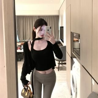 Plain Cropped Knit Cami Top with Cardigan and Skinny Scarf Set