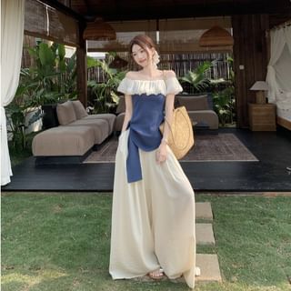 Two-Tone Off-Shoulder Asymmetric Top with High-Rise Wide-Leg Pants Set