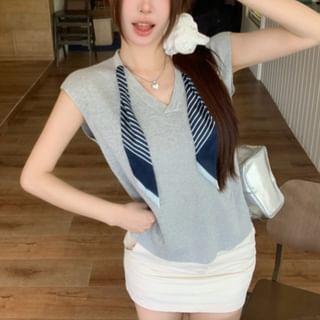 Plain Knit V-Neck Cap-Sleeved Tank with Striped Necktie