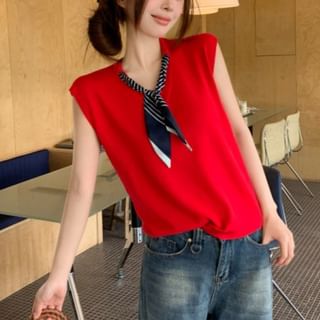 Plain Knit V-Neck Cap-Sleeved Tank with Striped Necktie