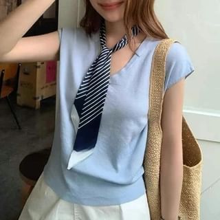 Plain Knit V-Neck Cap-Sleeved Tank with Striped Necktie