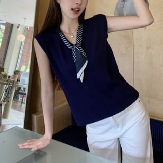 Plain Knit V-Neck Cap-Sleeved Tank with Striped Necktie