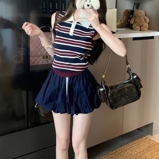 Striped Sleeveless Polo Knit Top with Plain Mini Skirt