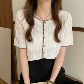 Lace Button-Up Blouse with Puff Sleeves and Contrast Trim
