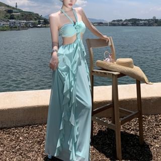 Halter Neck Plain Cutout Maxi A-Line Dress