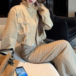 Stand Collar Plain Pocket Front Zip Jacket / Spaghetti Strap Striped Maxi Sheath Dress