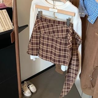 Plaid Asymmetrical Slit Mini Pencil Skirt with High Rise