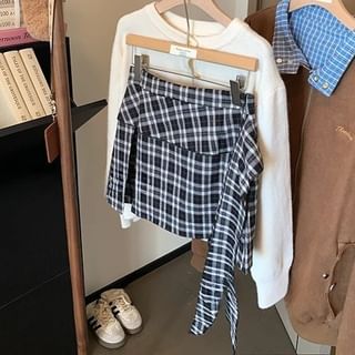Plaid Asymmetrical Slit Mini Pencil Skirt with High Rise