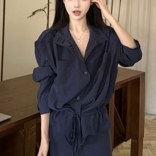 Stand Collar Drawstring Shirt with Maxi A-Line Skirt