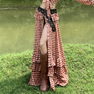 Collared Gingham Tie Hem Crop Blouse with Ruffle Trim Slit Maxi Skirt Set