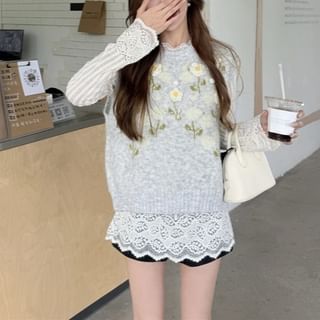 Floral Crewneck Sweater Vest or Long-Sleeved Lacy Blouse Combo