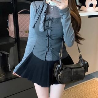 Slim Fit Knotted Lace Panel Tee and Bow Cutout Cami Two-Piece Set