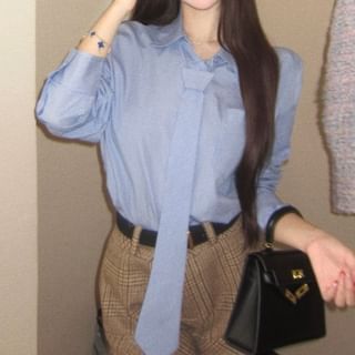 Plaid Shorts and Belt Set with Button Shirt, Necktie and Long Sleeves