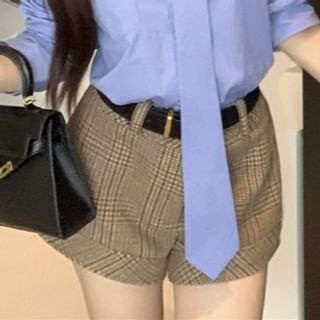 Plaid Shorts and Belt Set with Button Shirt, Necktie and Long Sleeves