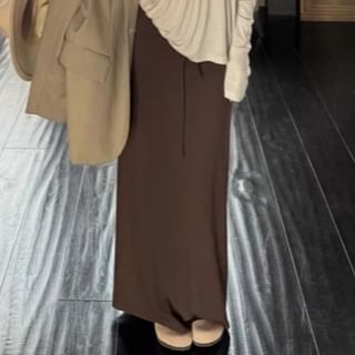 U-Neck Solid Top with Long Sleeves & High-Waist A-Line Maxi Skirt