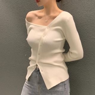 Solid Asymmetric Knit Top with Extended Sleeves