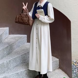 Solid A-Line Midi Shirt Dress & Asymmetric Button Crop Vest with Sleeves