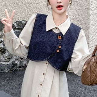 Solid A-Line Midi Shirt Dress & Asymmetric Button Crop Vest with Sleeves
