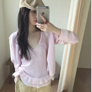 Set: Scoop Neck Knit Camisole Top + Ruffle Trim Cardigan