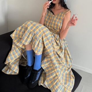 Tie Shoulder V-Neck Plaid Ruffle Midi A-Line Dress