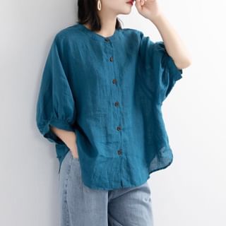 Puff Sleeve Button Up Plain Blouse Shirt