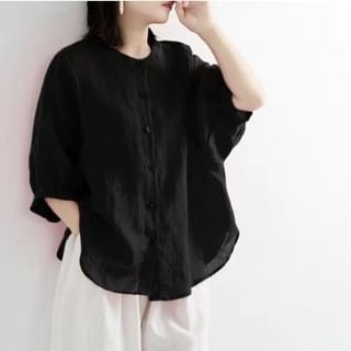 Puff Sleeve Button Up Plain Blouse Shirt