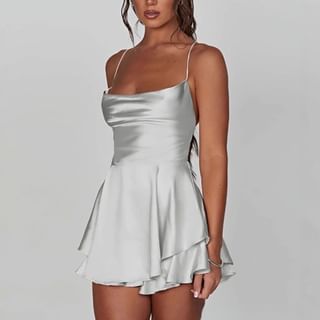 Spaghetti Strap Cowl Neck Layered Open Back Satin Mini A-Line Dress