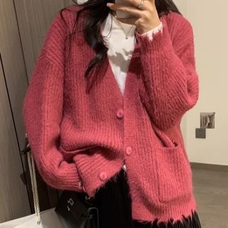 V-Neck Frayed Button-Up Plain Cardigan