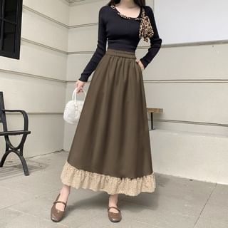 Lace Panel Midi A-Line Skirt