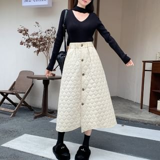 Quilted Button-Up Midi A-Line Skirt