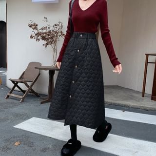 Quilted Button-Up Midi A-Line Skirt